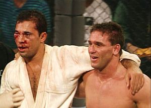 UFC 1's Royce Gracie (Left) and Ken Shamrock (right)