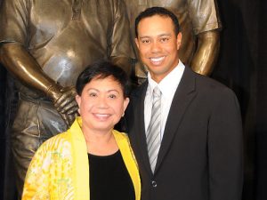 ANAHEIM, CA - JANUARY 21: Kultida Woods and Tiger Woods at the dedication of the statue honoring his father Earl Woods at the Tiger Woods Learning Center on January 21, 2008 in Anaheim, California. (Photo by Lester Cohen/WireImage)